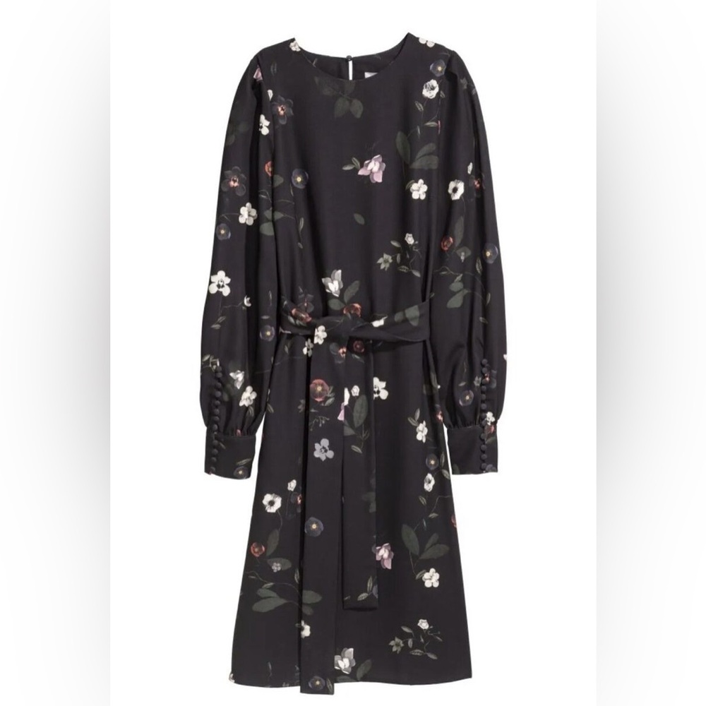 H&M Bird Floral Print Women's Dress Black Long Sleeve - size 12/L EUC
